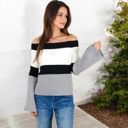 Gray Large Off-Shoulder Ribbed Knit Sweater with Color Block Design and Flared Sleeves