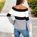 Gray Large Off-Shoulder Ribbed Knit Sweater with Color Block Design and Flared Sleeves