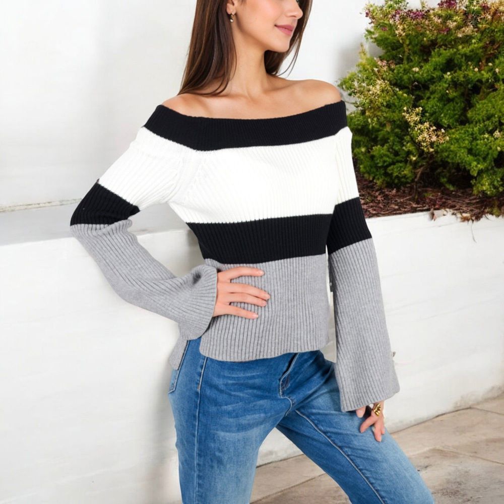 Off-Shoulder Ribbed Knit Sweater with Color Block Design and Flared Sleeves