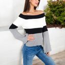 Gray Large Off-Shoulder Ribbed Knit Sweater with Color Block Design and Flared Sleeves