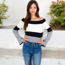 Gray Large Off-Shoulder Ribbed Knit Sweater with Color Block Design and Flared Sleeves