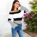 Gray Medium Off-Shoulder Ribbed Knit Sweater with Color Block Design and Flared Sleeves