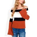 Orange Large Off-Shoulder Ribbed Knit Sweater with Color Block Design and Flared Sleeves