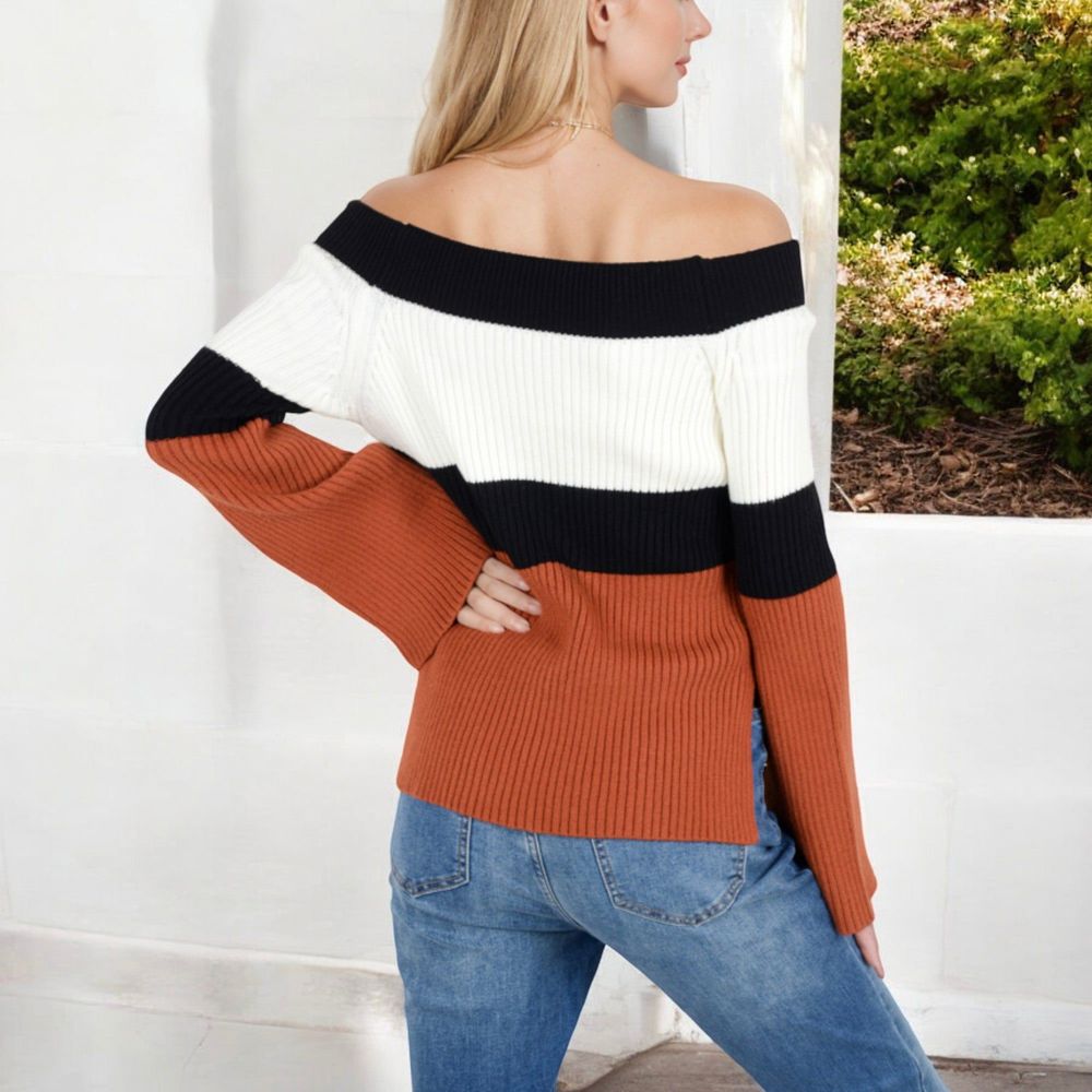 Off-Shoulder Ribbed Knit Sweater with Color Block Design and Flared Sleeves