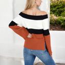 Orange Large Off-Shoulder Ribbed Knit Sweater with Color Block Design and Flared Sleeves