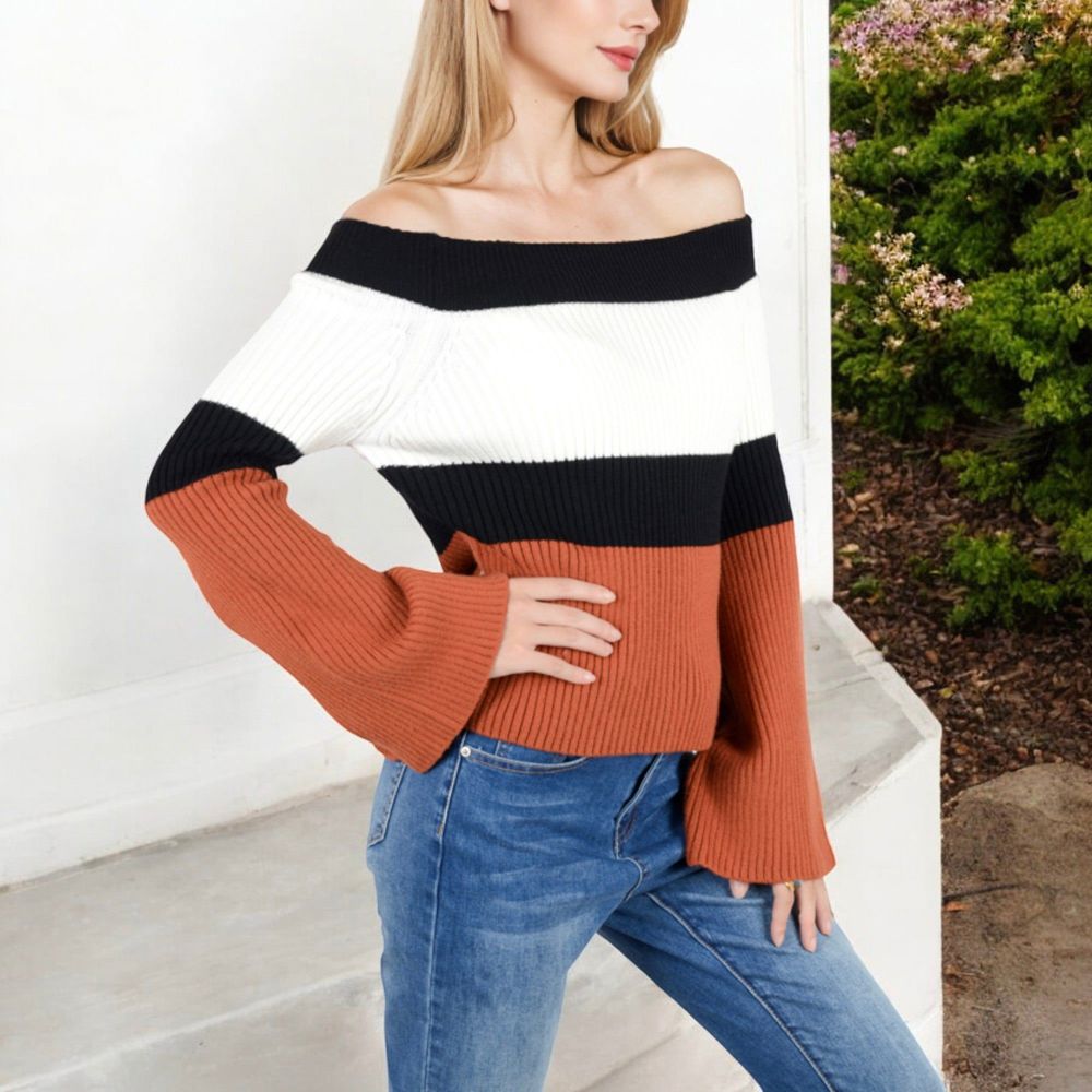 Off-Shoulder Ribbed Knit Sweater with Color Block Design and Flared Sleeves