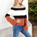 Orange Large Off-Shoulder Ribbed Knit Sweater with Color Block Design and Flared Sleeves