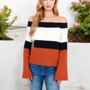 Orange Large Off-Shoulder Ribbed Knit Sweater with Color Block Design and Flared Sleeves