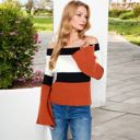 Orange Medium Off-Shoulder Ribbed Knit Sweater with Color Block Design and Flared Sleeves