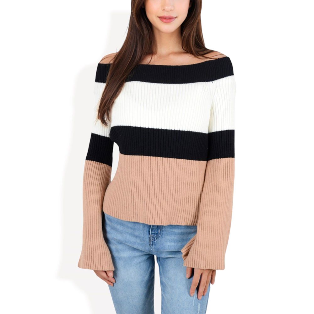 Off-Shoulder Ribbed Knit Sweater with Color Block Design and Flared Sleeves