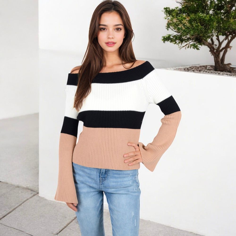 Off-Shoulder Ribbed Knit Sweater with Color Block Design and Flared Sleeves