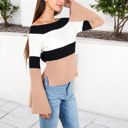 Brown Large Off-Shoulder Ribbed Knit Sweater with Color Block Design and Flared Sleeves