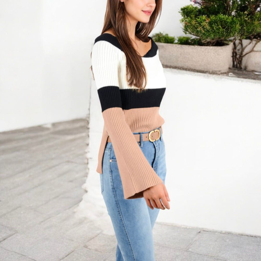 Off-Shoulder Ribbed Knit Sweater with Color Block Design and Flared Sleeves