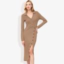  Long Sleeve Wrap Dress with Button Detail and Collar Slim Fit Midi Dress for Casual or Office Wear