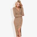  Long Sleeve Wrap Dress with Button Detail and Collar Slim Fit Midi Dress for Casual or Office Wear