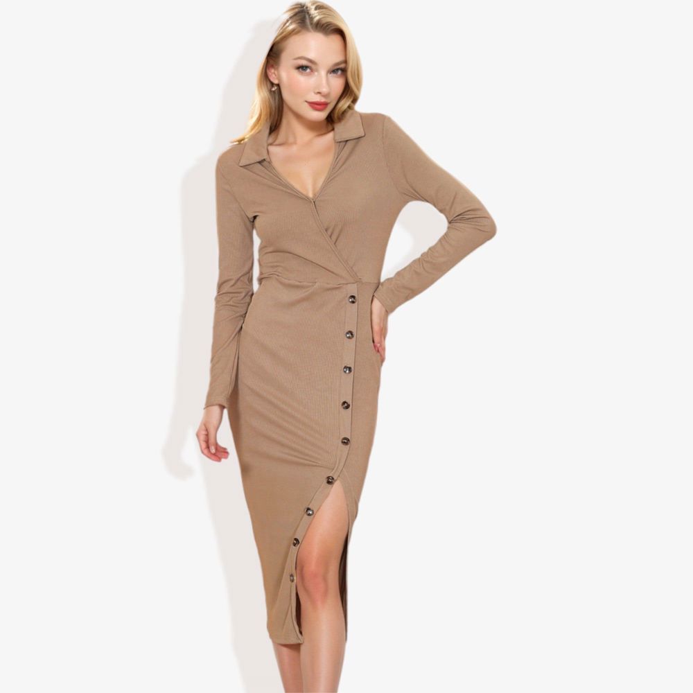 Long Sleeve Wrap Dress with Button Detail and Collar Slim Fit Midi Dress for Casual or Office Wear