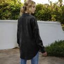 Black Large Corduroy Button-Up Shirt Jacket with Chest Pockets and Long Sleeves