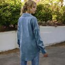 Blue Large Corduroy Button-Up Shirt Jacket with Chest Pockets and Long Sleeves