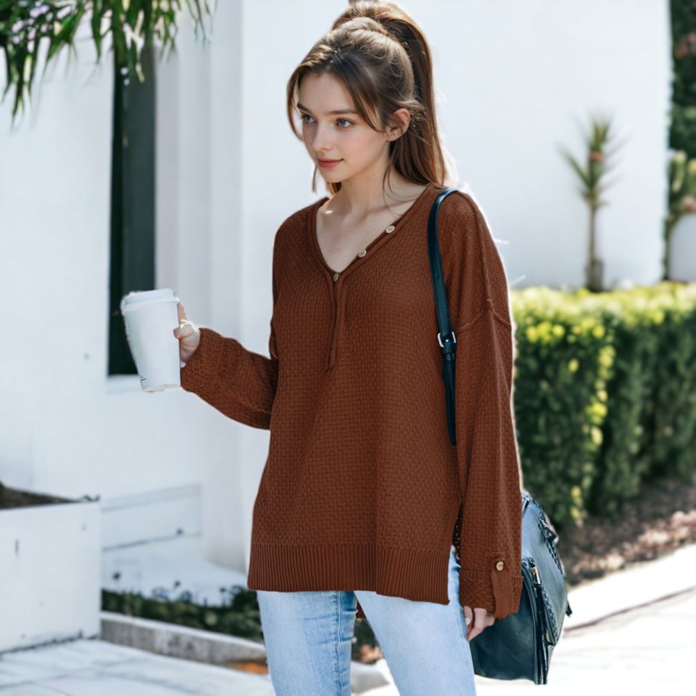 Contrast Button Detail Long Sleeve Knit Sweater