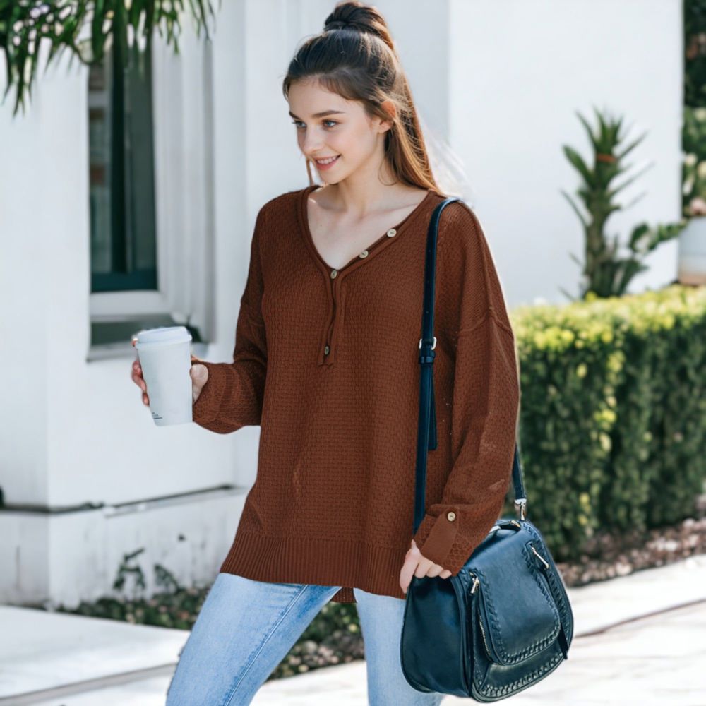 Contrast Button Detail Long Sleeve Knit Sweater