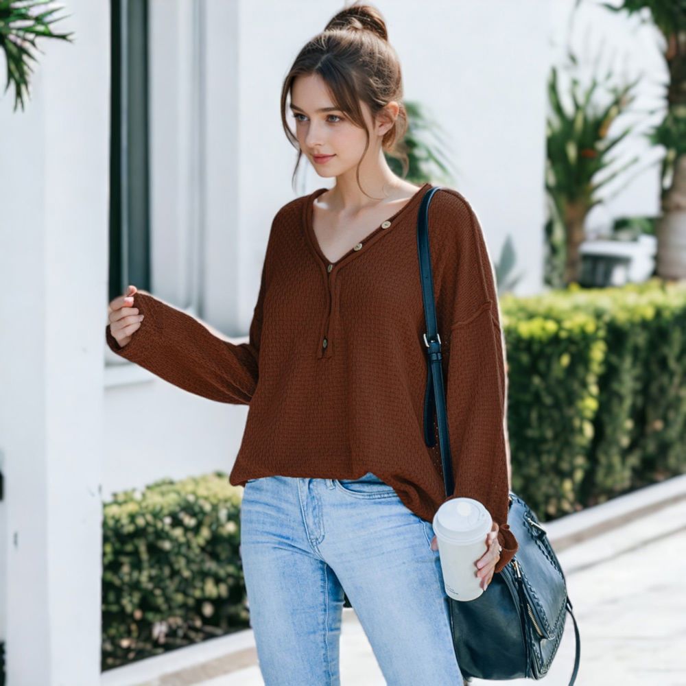 Contrast Button Detail Long Sleeve Knit Sweater