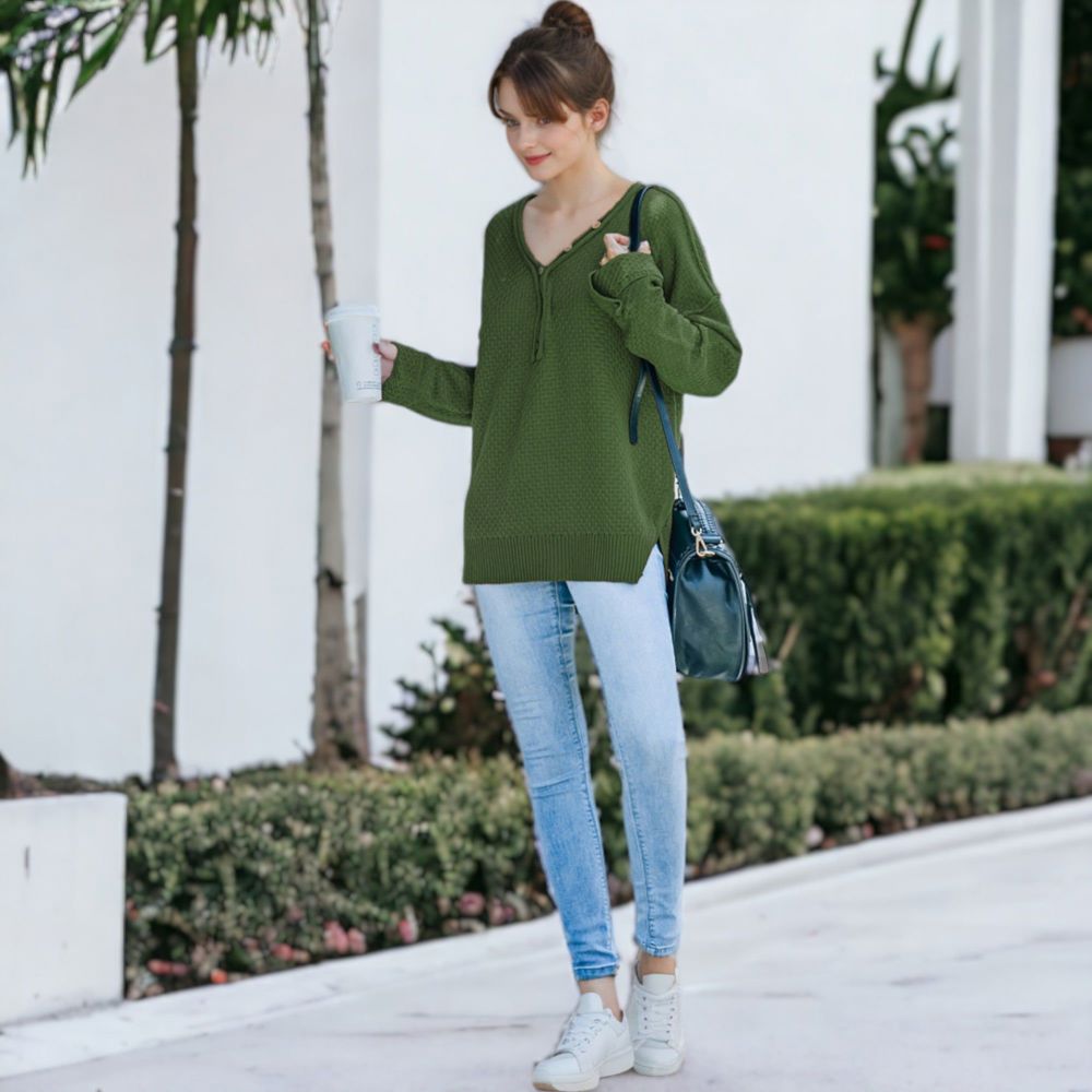 Contrast Button Detail Long Sleeve Knit Sweater