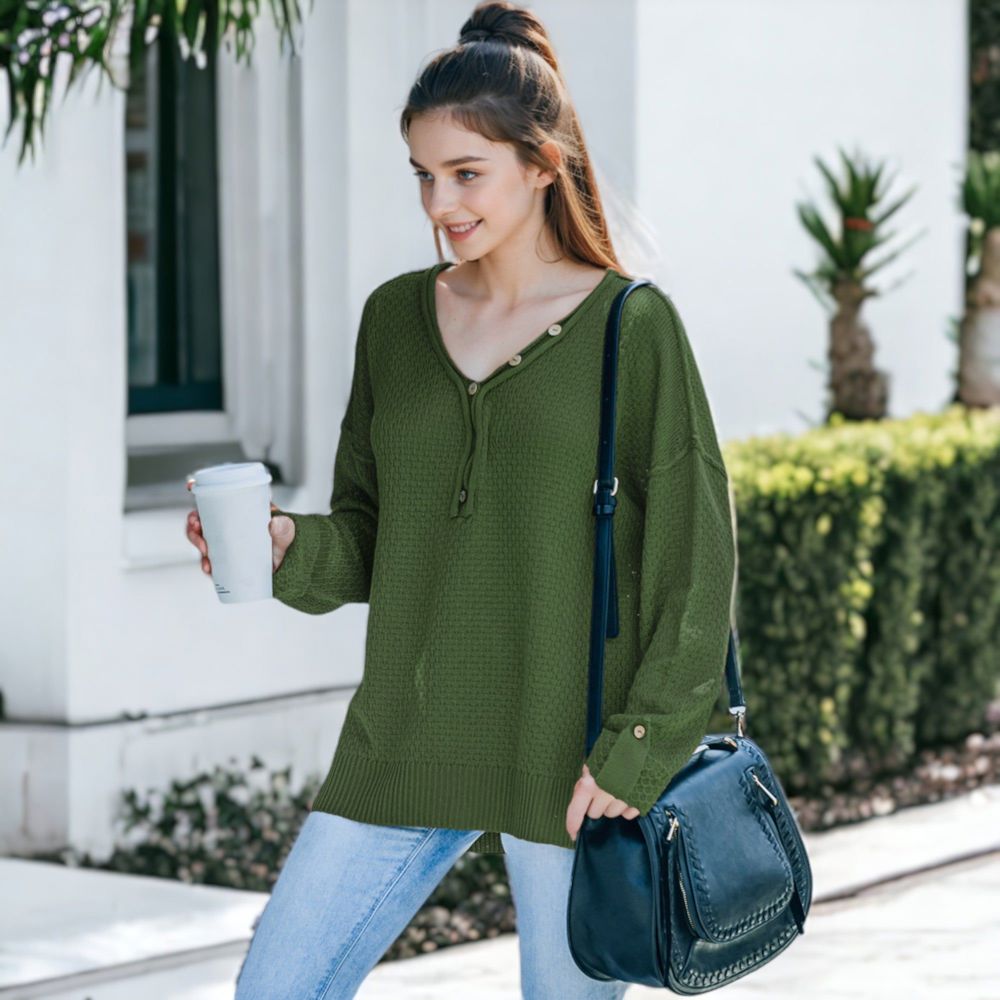 Contrast Button Detail Long Sleeve Knit Sweater