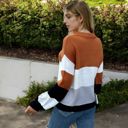 Orange Large Color Block Long Sleeve Pullover Sweater with Ribbed Cuffs