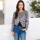  Long Sleeve Ribbed Knit Top with Leopard Print Contrast and V-Cut Design