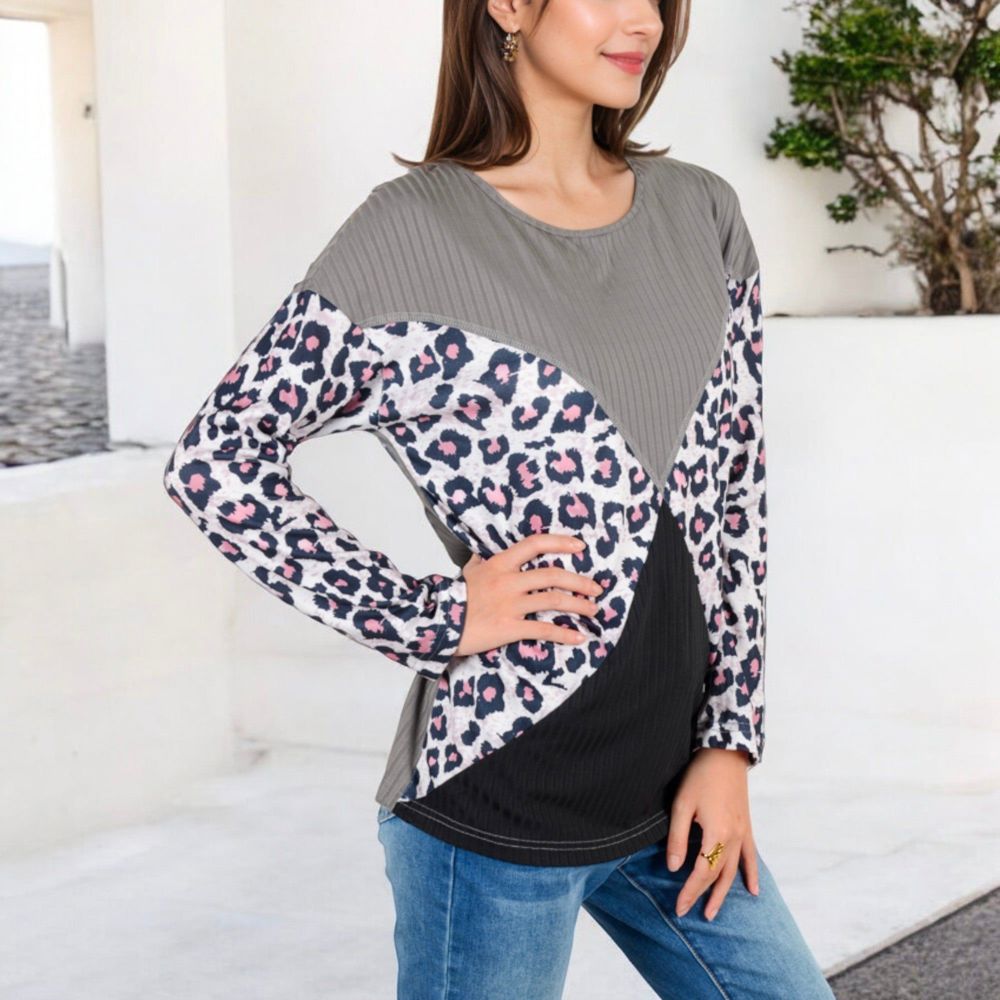 Long Sleeve Ribbed Knit Top with Leopard Print Contrast and V-Cut Design