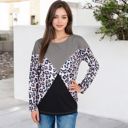  Long Sleeve Ribbed Knit Top with Leopard Print Contrast and V-Cut Design