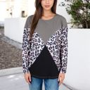  Long Sleeve Ribbed Knit Top with Leopard Print Contrast and V-Cut Design