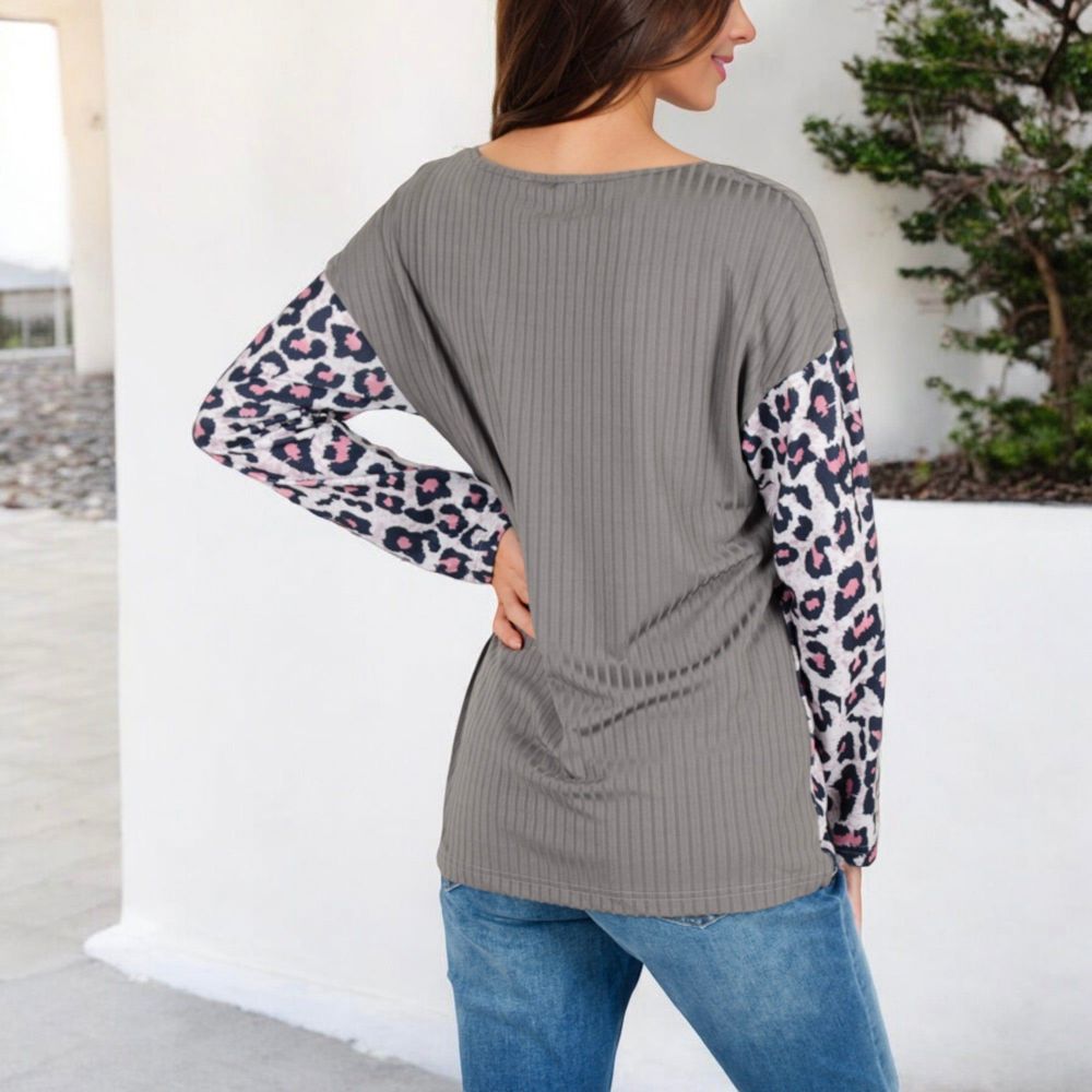 Long Sleeve Ribbed Knit Top with Leopard Print Contrast and V-Cut Design