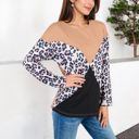 Brown Large Long Sleeve Ribbed Knit Top with Leopard Print Contrast and V-Cut Design