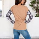 Brown Large Long Sleeve Ribbed Knit Top with Leopard Print Contrast and V-Cut Design