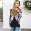 Green Large Long Sleeve Ribbed Knit Top with Leopard Print Contrast and V-Cut Design