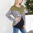 Green Large Long Sleeve Ribbed Knit Top with Leopard Print Contrast and V-Cut Design