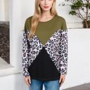 Green Large Long Sleeve Ribbed Knit Top with Leopard Print Contrast and V-Cut Design