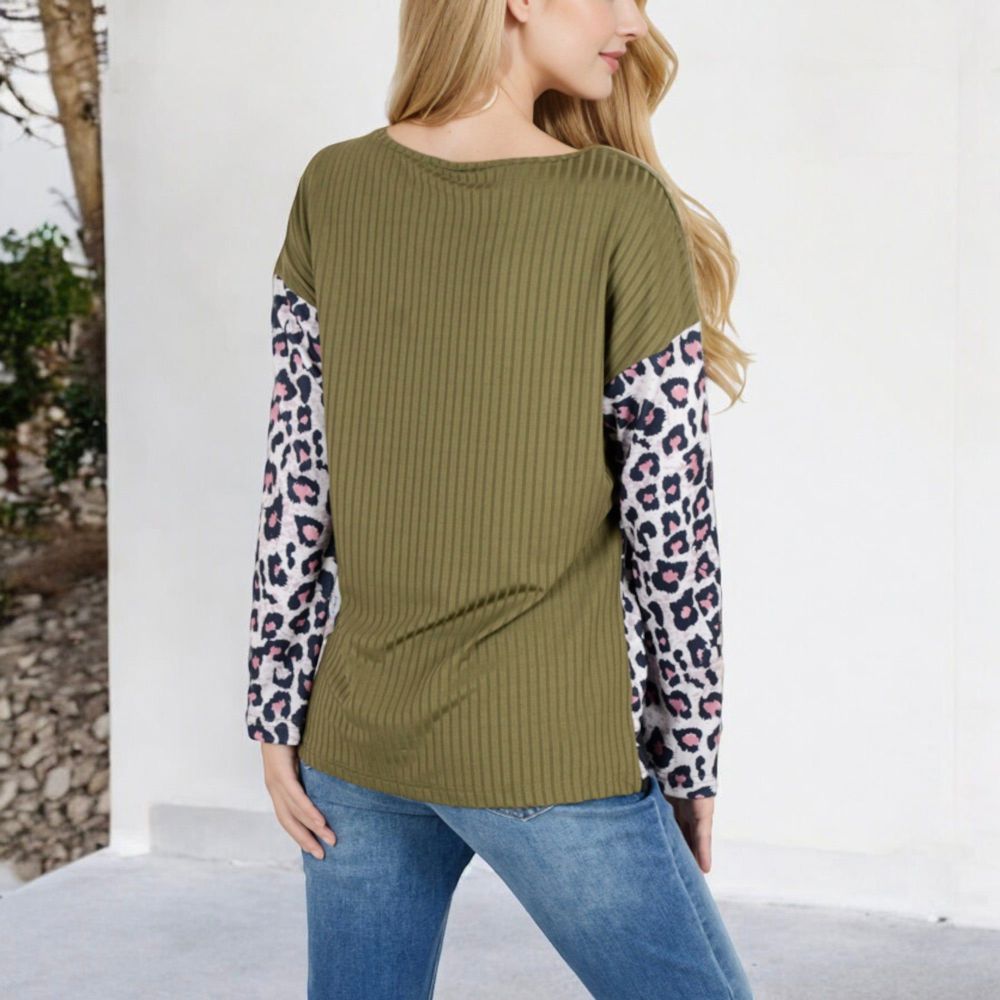 Long Sleeve Ribbed Knit Top with Leopard Print Contrast and V-Cut Design