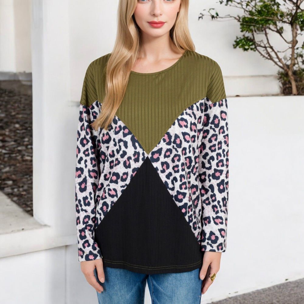 Long Sleeve Ribbed Knit Top with Leopard Print Contrast and V-Cut Design