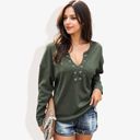  Rivet Detail Notched V-Neck Textured Pocket Detail Long Sleeve Pullover Top