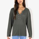  Rivet Detail Notched V-Neck Textured Pocket Detail Long Sleeve Pullover Top