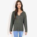  Rivet Detail Notched V-Neck Textured Pocket Detail Long Sleeve Pullover Top