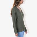  Rivet Detail Notched V-Neck Textured Pocket Detail Long Sleeve Pullover Top