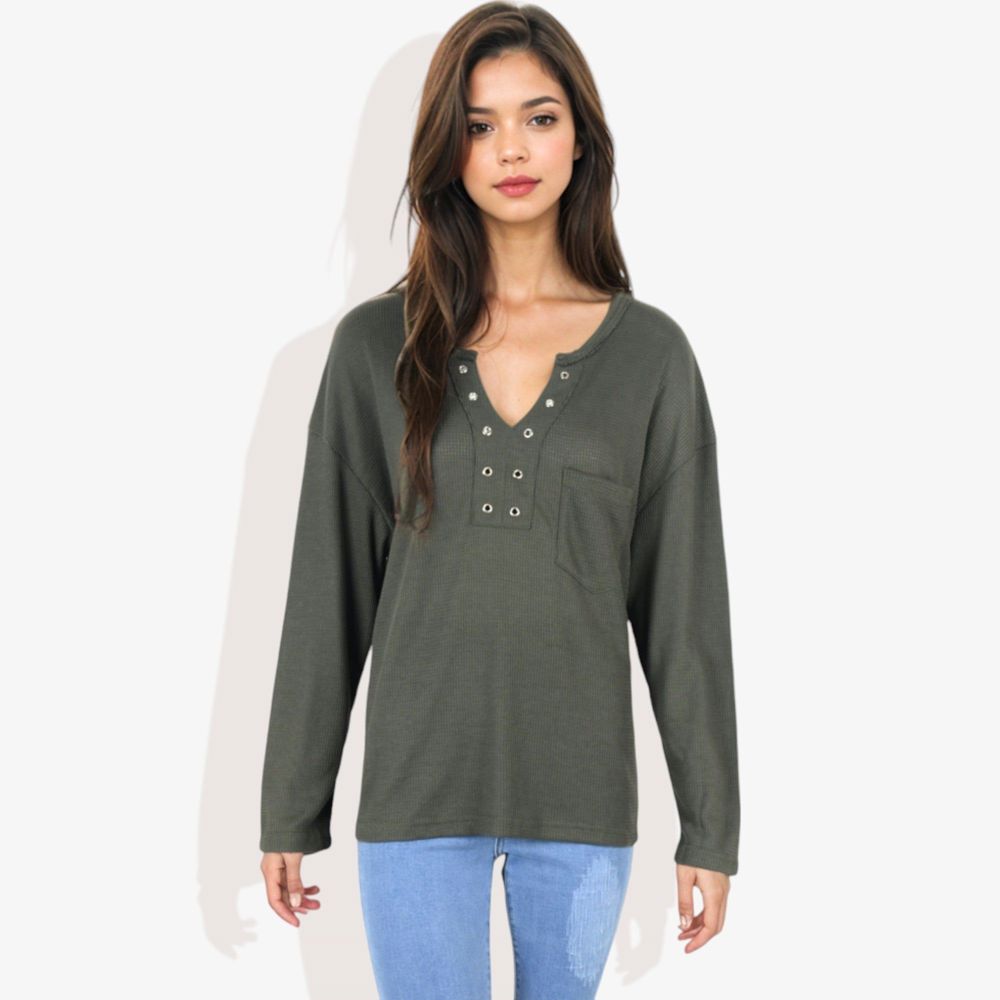 Rivet Detail Notched V-Neck Textured Pocket Detail Long Sleeve Pullover Top