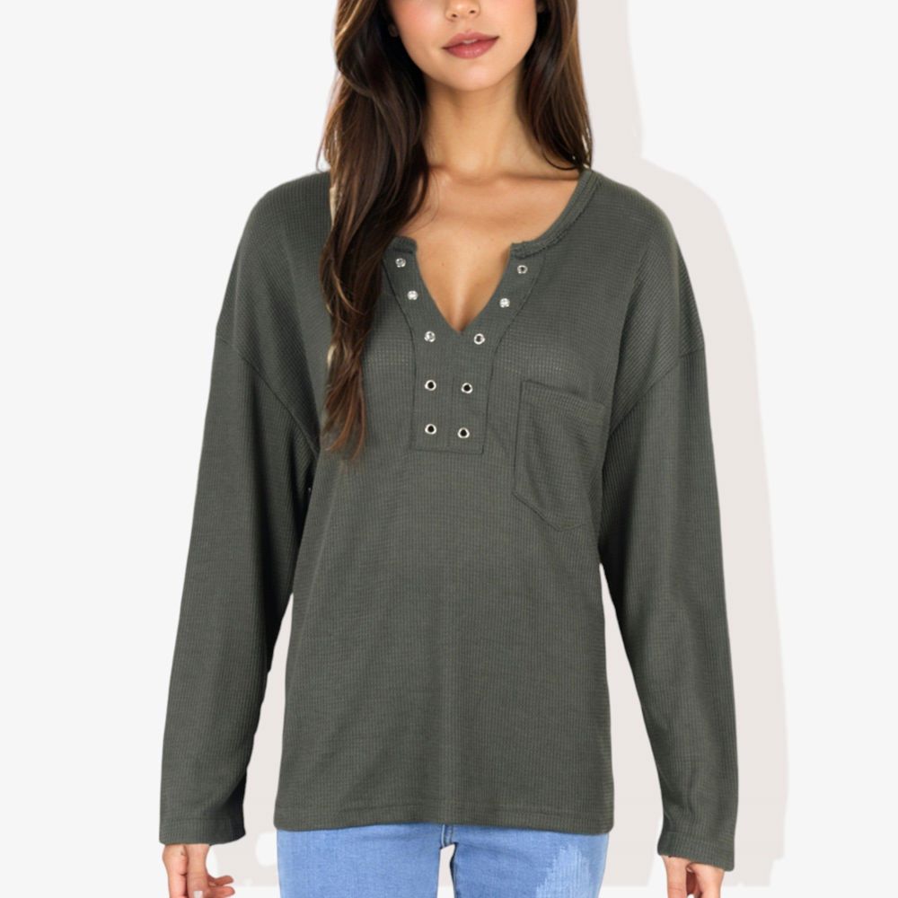 Rivet Detail Notched V-Neck Textured Pocket Detail Long Sleeve Pullover Top