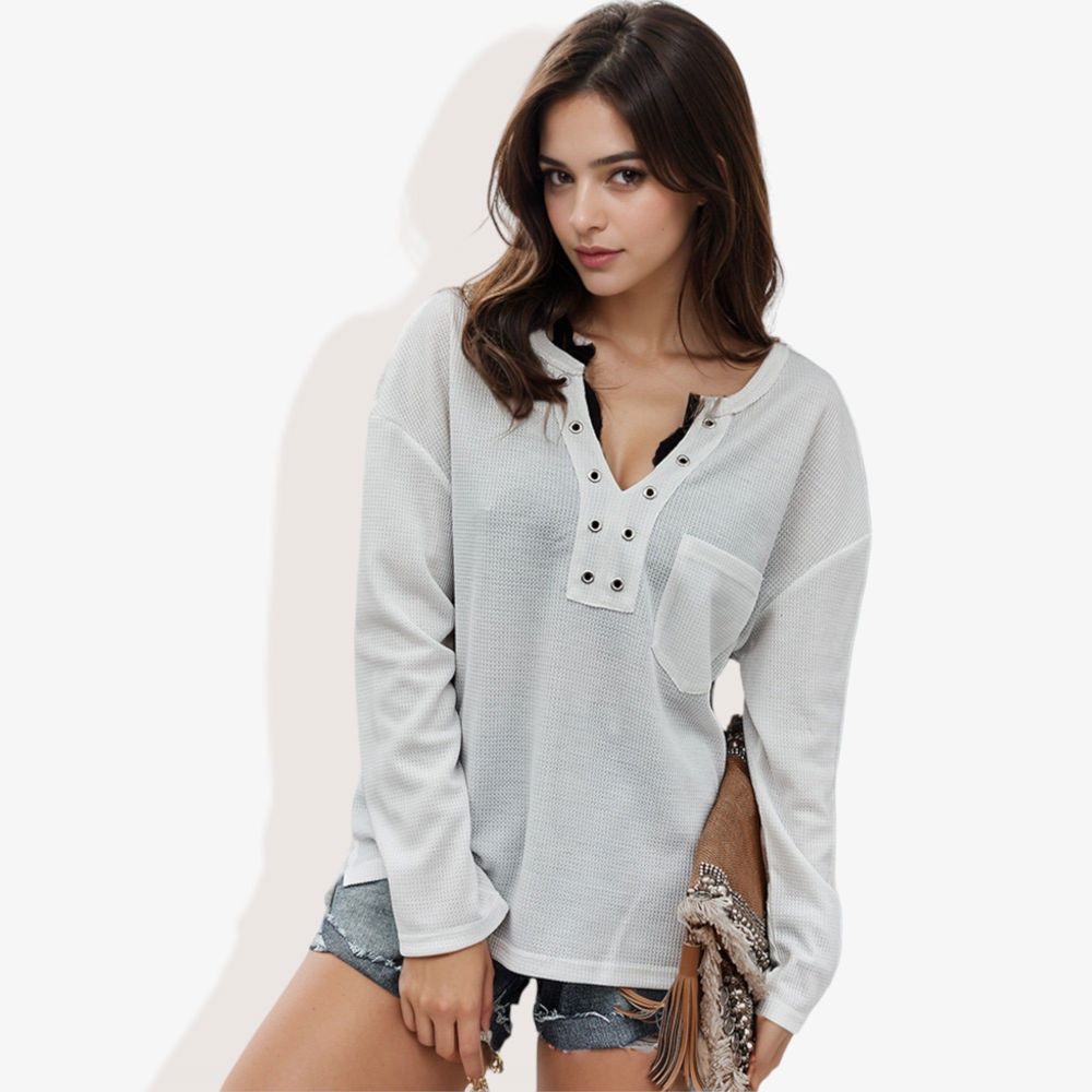 Rivet Detail Notched V-Neck Textured Pocket Detail Long Sleeve Pullover Top