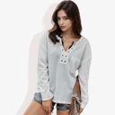 White Large Rivet Detail Notched V-Neck Textured Pocket Detail Long Sleeve Pullover Top