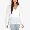 White Large Rivet Detail Notched V-Neck Textured Pocket Detail Long Sleeve Pullover Top