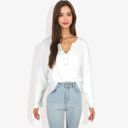 White Large Rivet Detail Notched V-Neck Textured Pocket Detail Long Sleeve Pullover Top